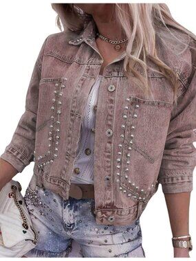 Women's Rust Red Studded Denim Jacket Casual Loose Cropped Jean Coat Long Sleeve